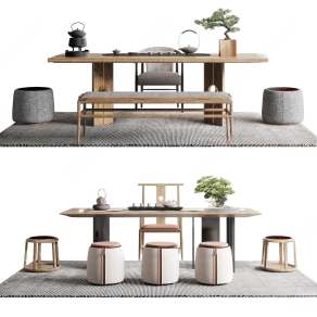 新中式茶桌椅组合3D模型下载